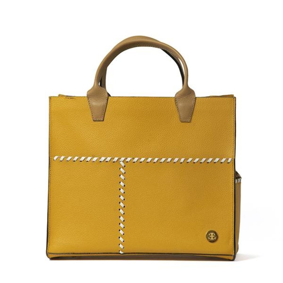 Totes Eva Innocenti | Sienna Mini Yellow Camel Handle Tote Three Stripe Burgundy, Olive Diamonds