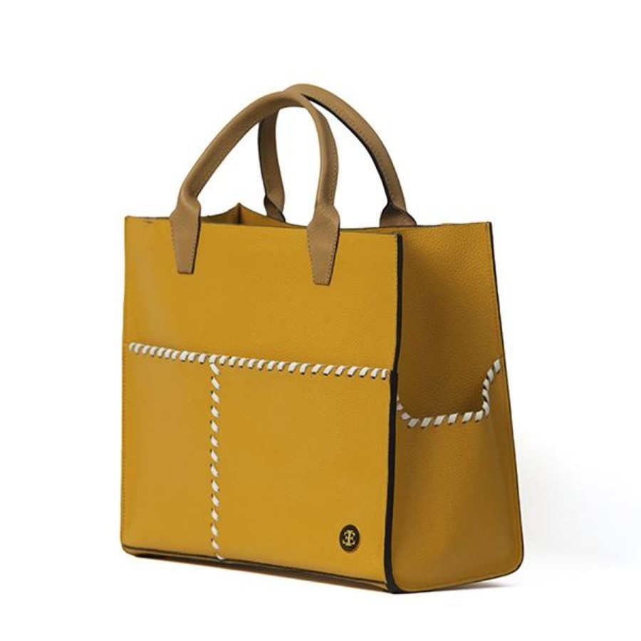 Totes Eva Innocenti | Sienna Mini Yellow Camel Handle Tote Three Stripe Burgundy, Olive Diamonds