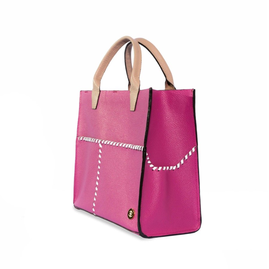 Totes Eva Innocenti | Sienna Mini Hot Pink Handle Tote Three Stripe Burgundy, Olive Diamonds