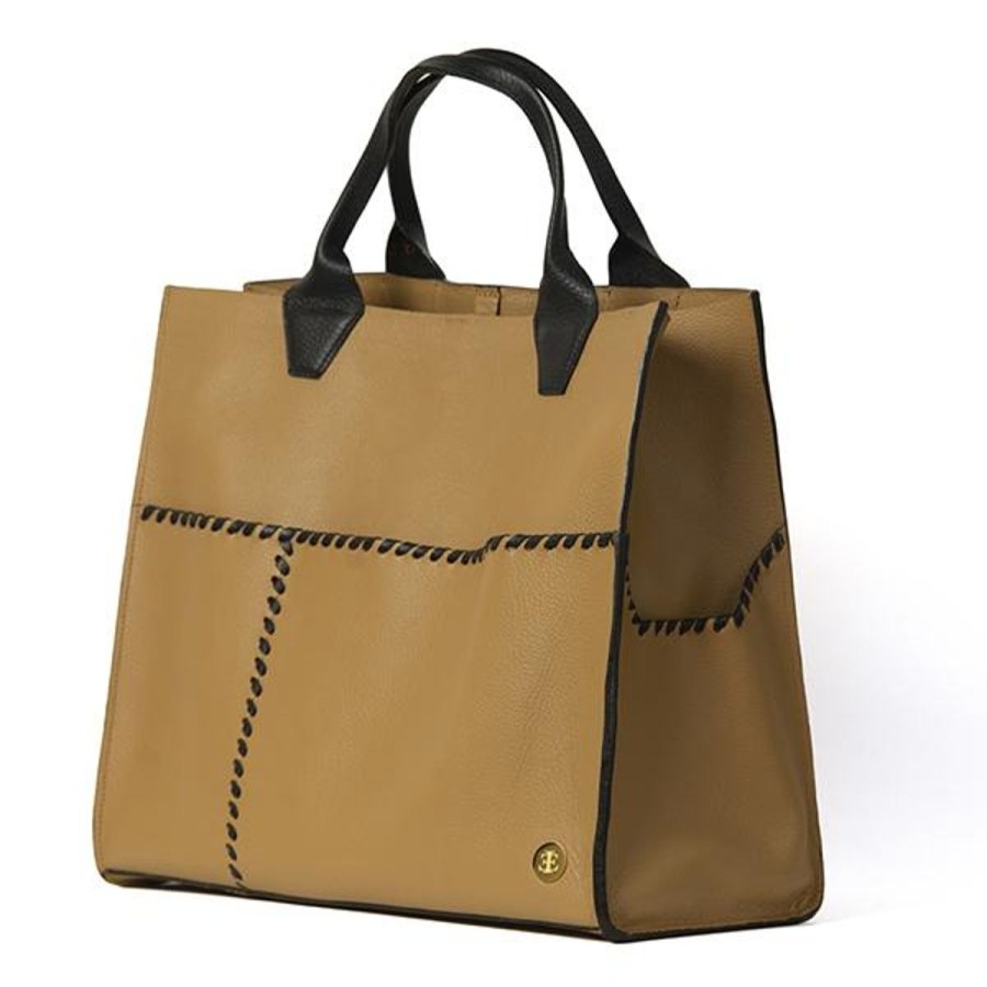 Totes Eva Innocenti | Sienna Travel Camel Black Handle Tote Three Stripe Burgundy, Olive Diamonds