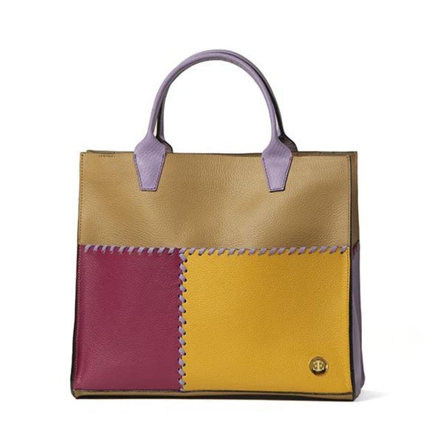 Totes Eva Innocenti | Sienna Mini Camel Purple Handle Tote Three Stripe Burgundy, Olive Diamonds