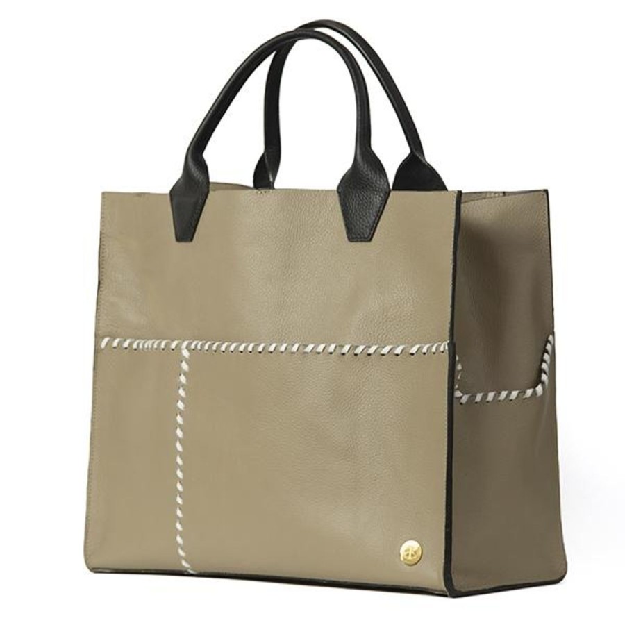 Totes Eva Innocenti | Sienna Travel Taupe Black Handle Tote Three Stripe Burgundy, Olive Diamonds