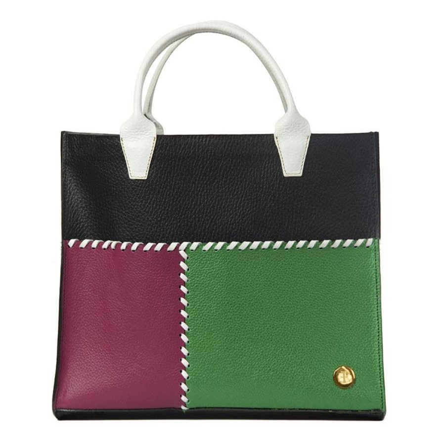 Totes Eva Innocenti | Sienna Mini Black White Handle Tote Three Stripe Burgundy, Olive Diamonds