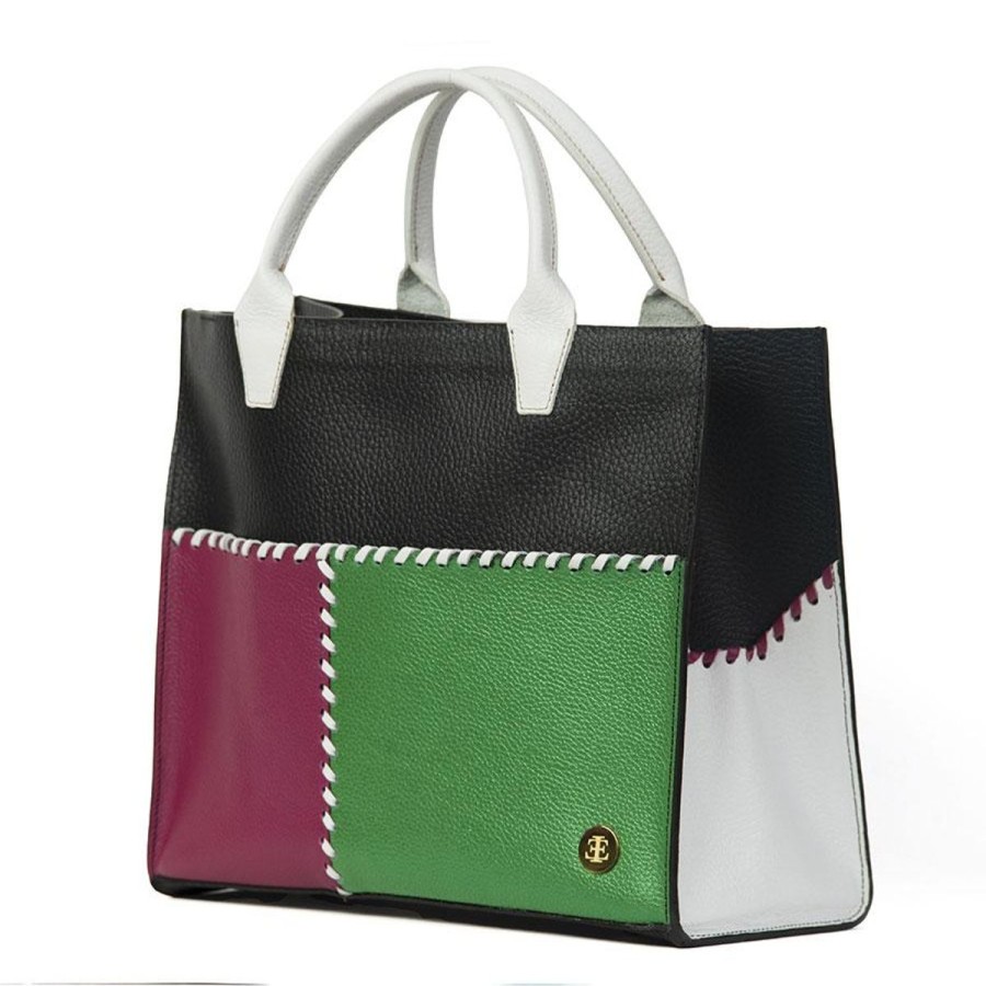 Totes Eva Innocenti | Sienna Mini Black White Handle Tote Three Stripe Burgundy, Olive Diamonds