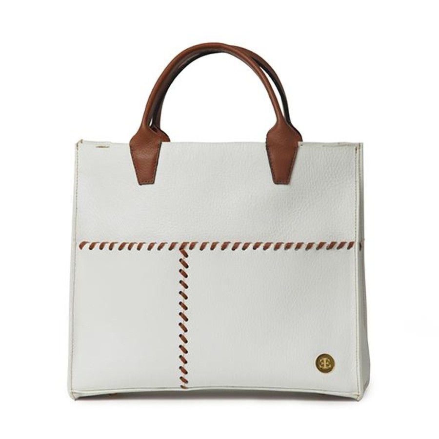 Totes Eva Innocenti | Sienna Mini White Brown Handle Tote Three Stripe Burgundy, Olive Diamonds