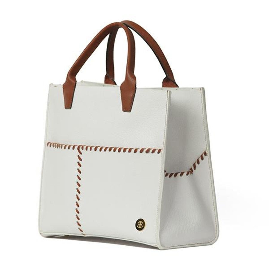 Totes Eva Innocenti | Sienna Mini White Brown Handle Tote Three Stripe Burgundy, Olive Diamonds