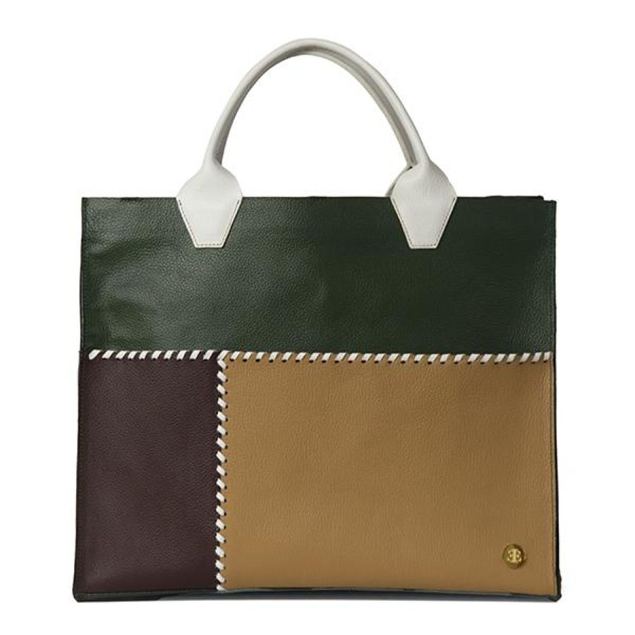 Totes Eva Innocenti | Sienna Travel Olive Green White Handle Tote Three Stripe Burgundy, Olive Diamonds