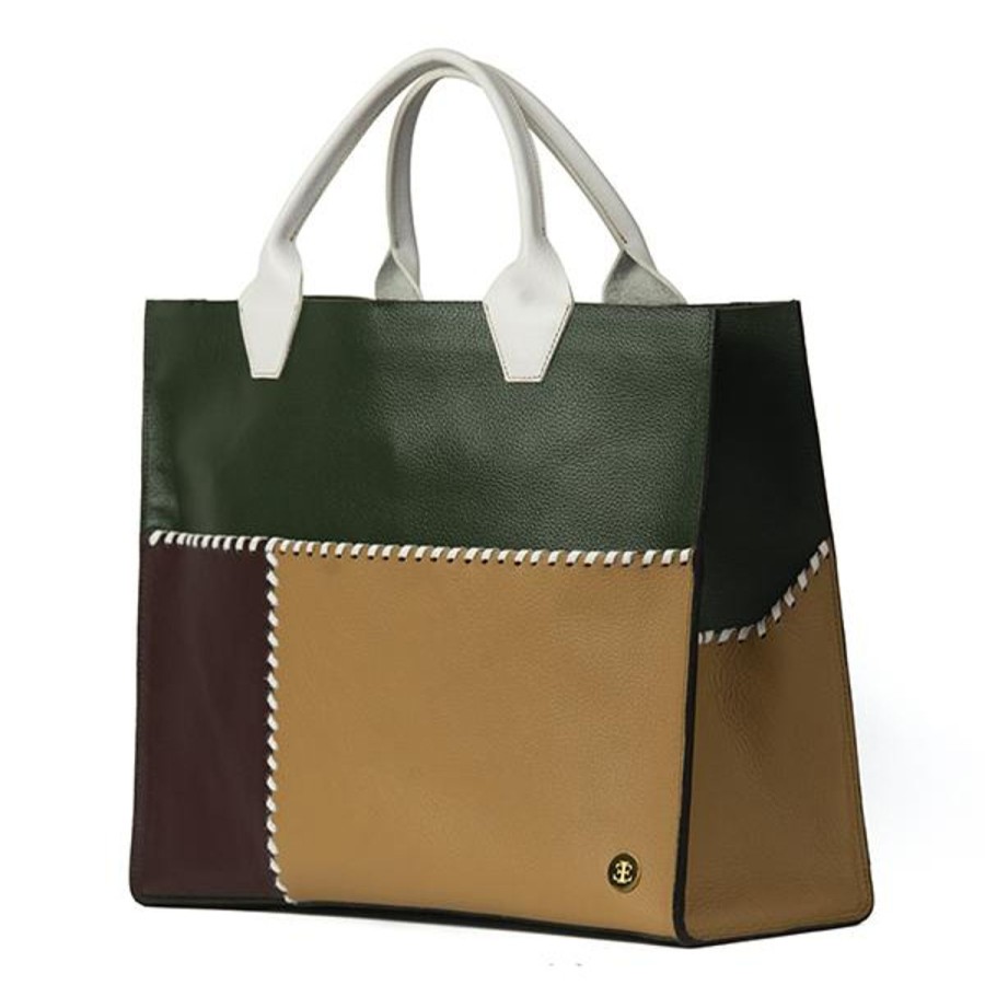 Totes Eva Innocenti | Sienna Travel Olive Green White Handle Tote Three Stripe Burgundy, Olive Diamonds