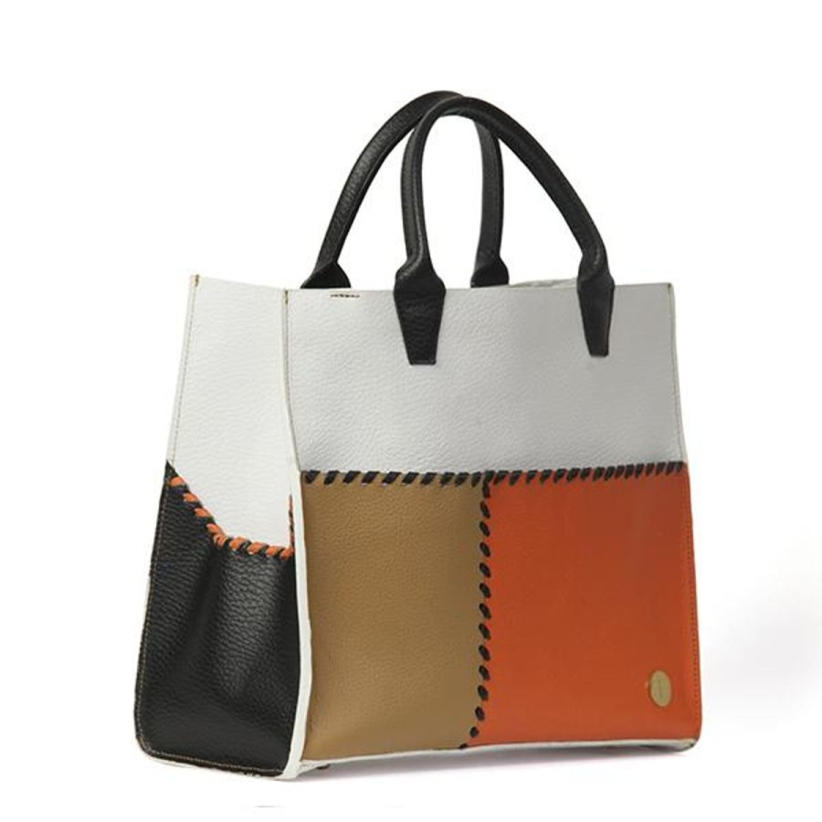 Totes Eva Innocenti | Sienna Mini White Black Handle Tote Three Stripe Burgundy, Olive Diamonds