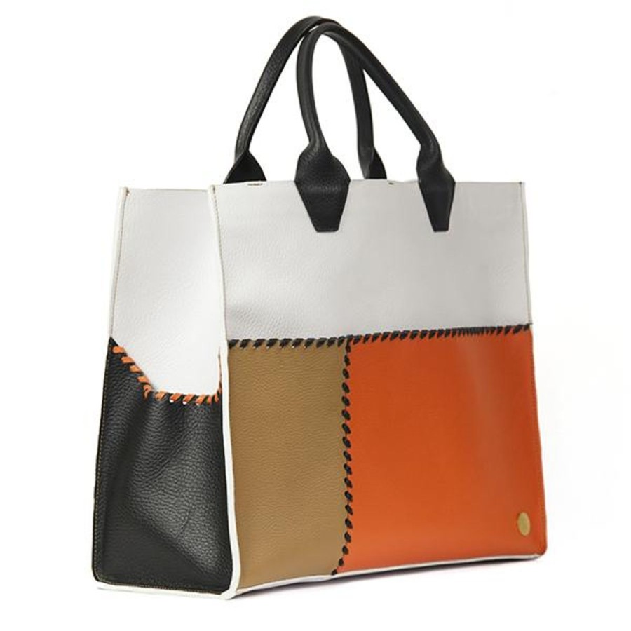 Totes Eva Innocenti | Sienna Travel White Black Handle Tote Three Stripe Burgundy, Olive Diamonds