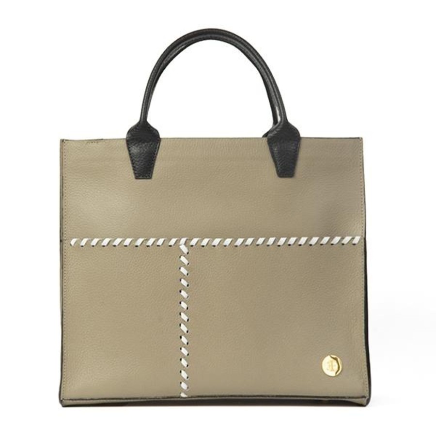 Totes Eva Innocenti | Sienna Mini Taupe Black Handle Tote Three Stripe Burgundy, Olive Diamonds