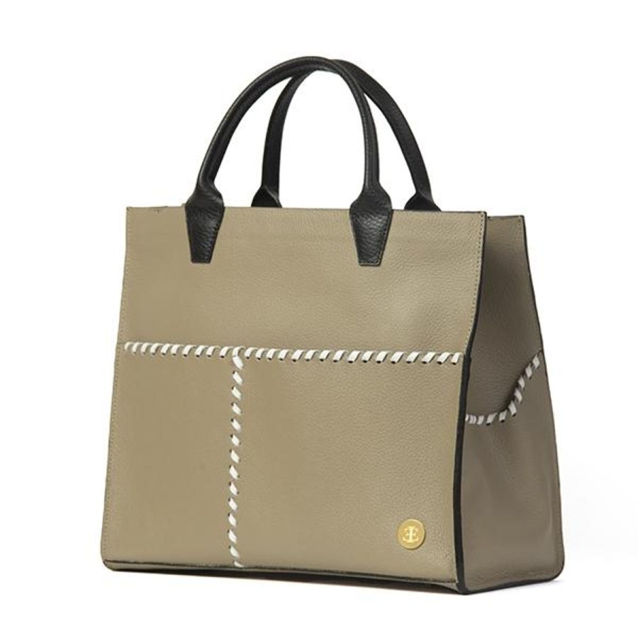 Totes Eva Innocenti | Sienna Mini Taupe Black Handle Tote Three Stripe Burgundy, Olive Diamonds